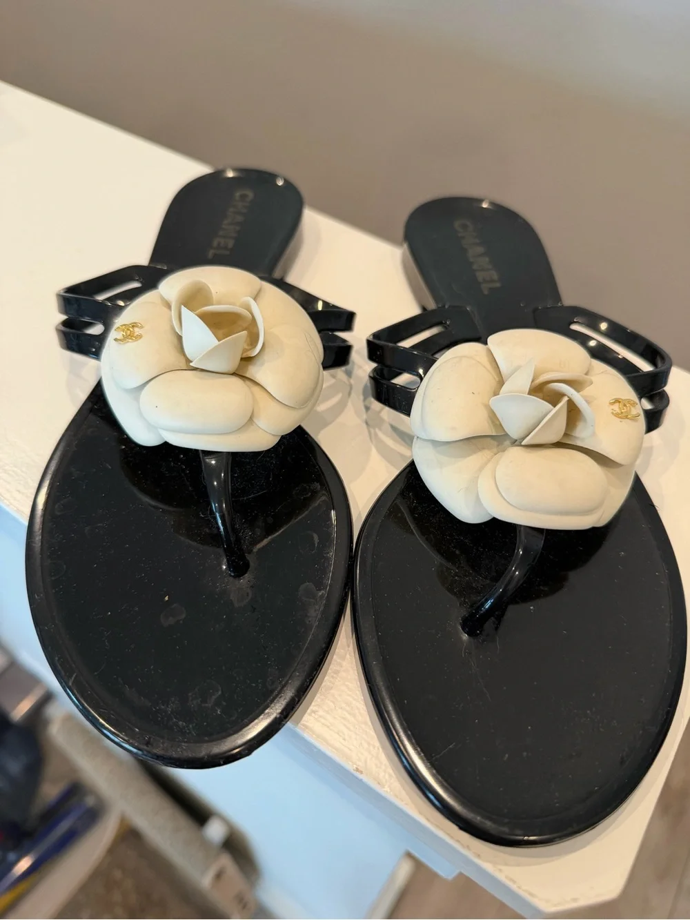 Chanel Black Jelly Camellia Thong Sandals